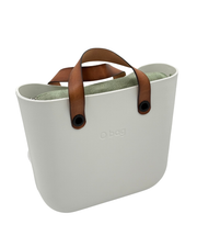 O bag – Off-White Tragetasche mit cognacfarbenen Ledergriffen & salbeigrüner Innentasche