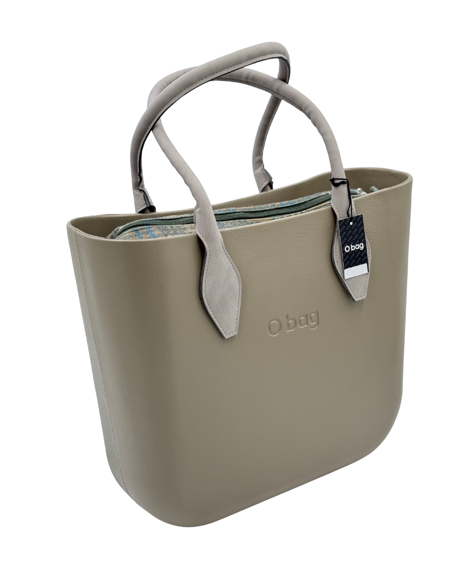 O bag – Taupe Tragetasche mit passenden Henkeln & blauem Tweed-Innenfutter