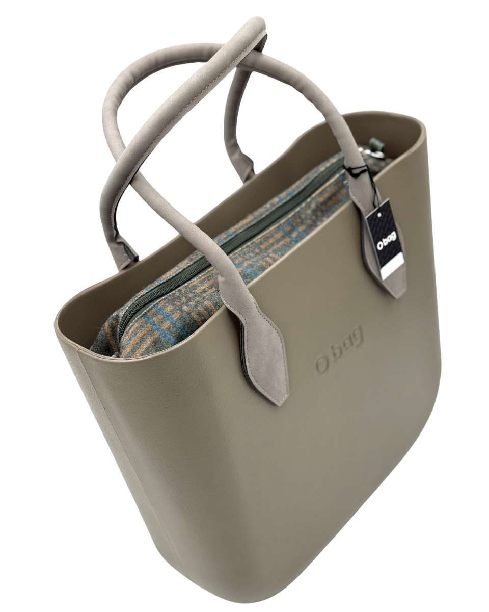 O bag – Taupe Tragetasche mit passenden Henkeln & blauem Tweed-Innenfutter