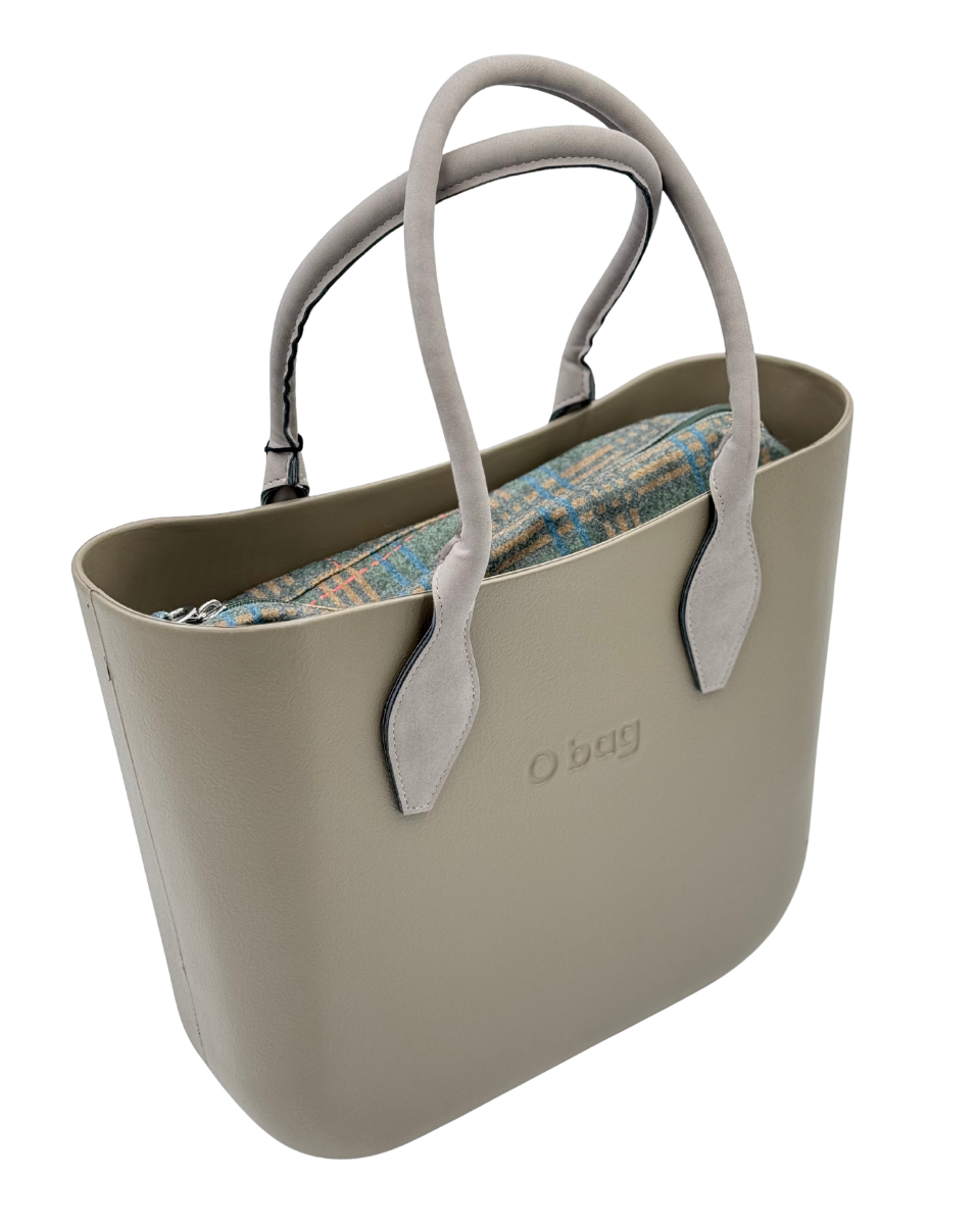 O bag – Taupe Tragetasche mit passenden Henkeln & blauem Tweed-Innenfutter