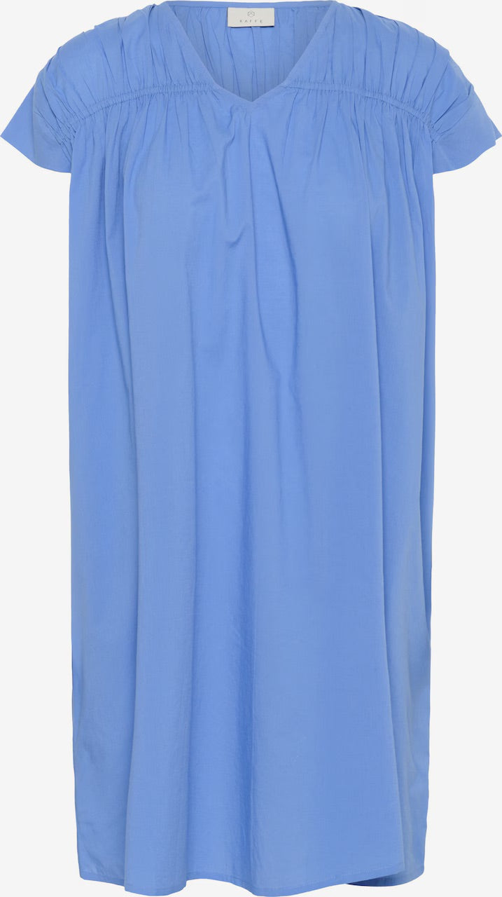 Kaffe KAThua Azure Blue V-Ausschnitt Minikleid mit Raffungen – Locker geschnitten, kurze Ärmel, Taschen | Damen