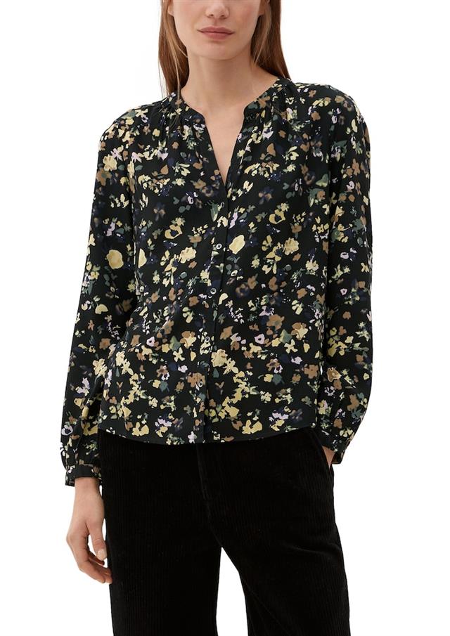 s.Oliver Bluse mit kleinem Blumenmuster – Schwarz mit cremefarbenen und grünen Akzenten