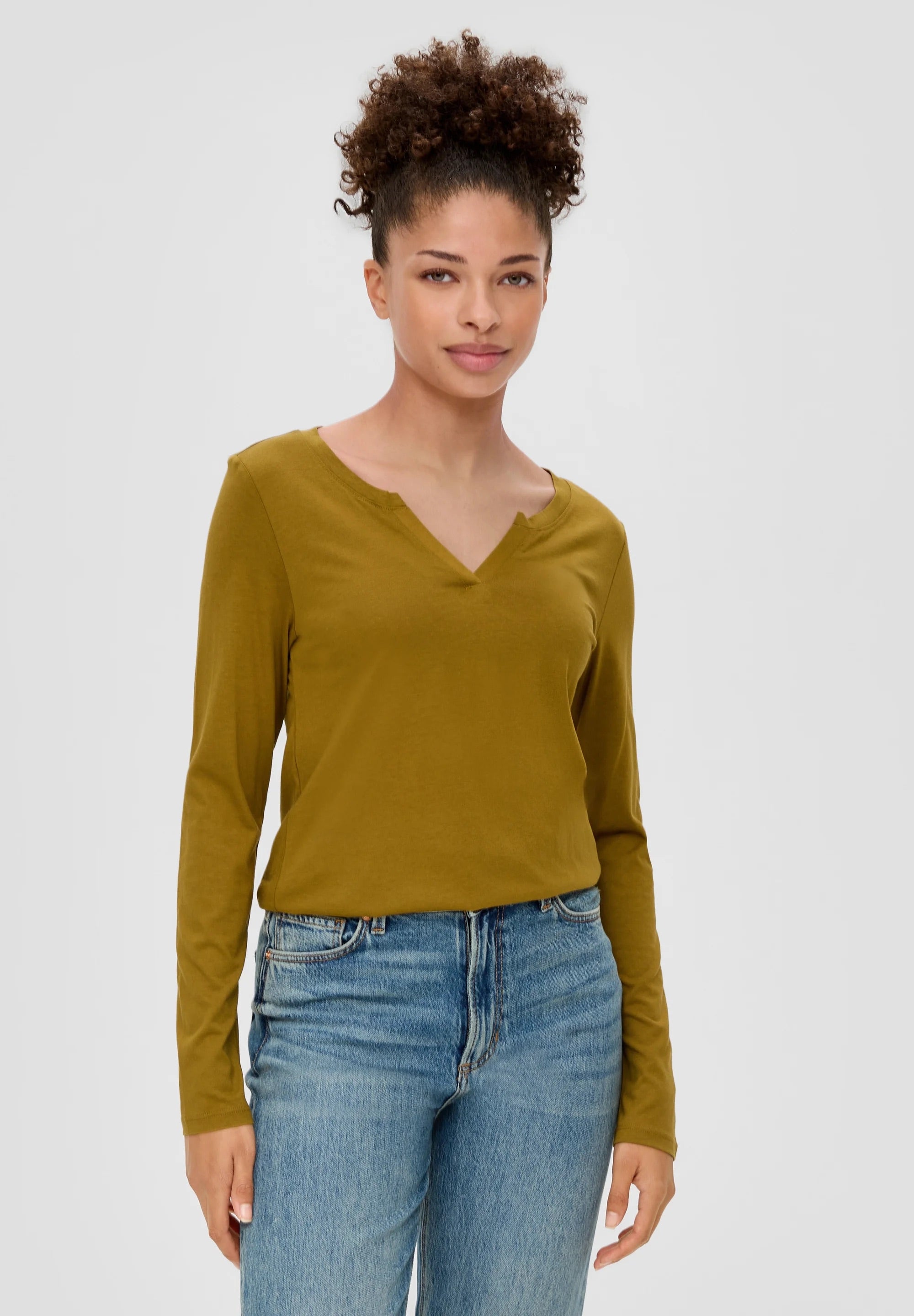 QS by s.Oliver Langarmshirt mit Tunika-Ausschnitt – Guacamole