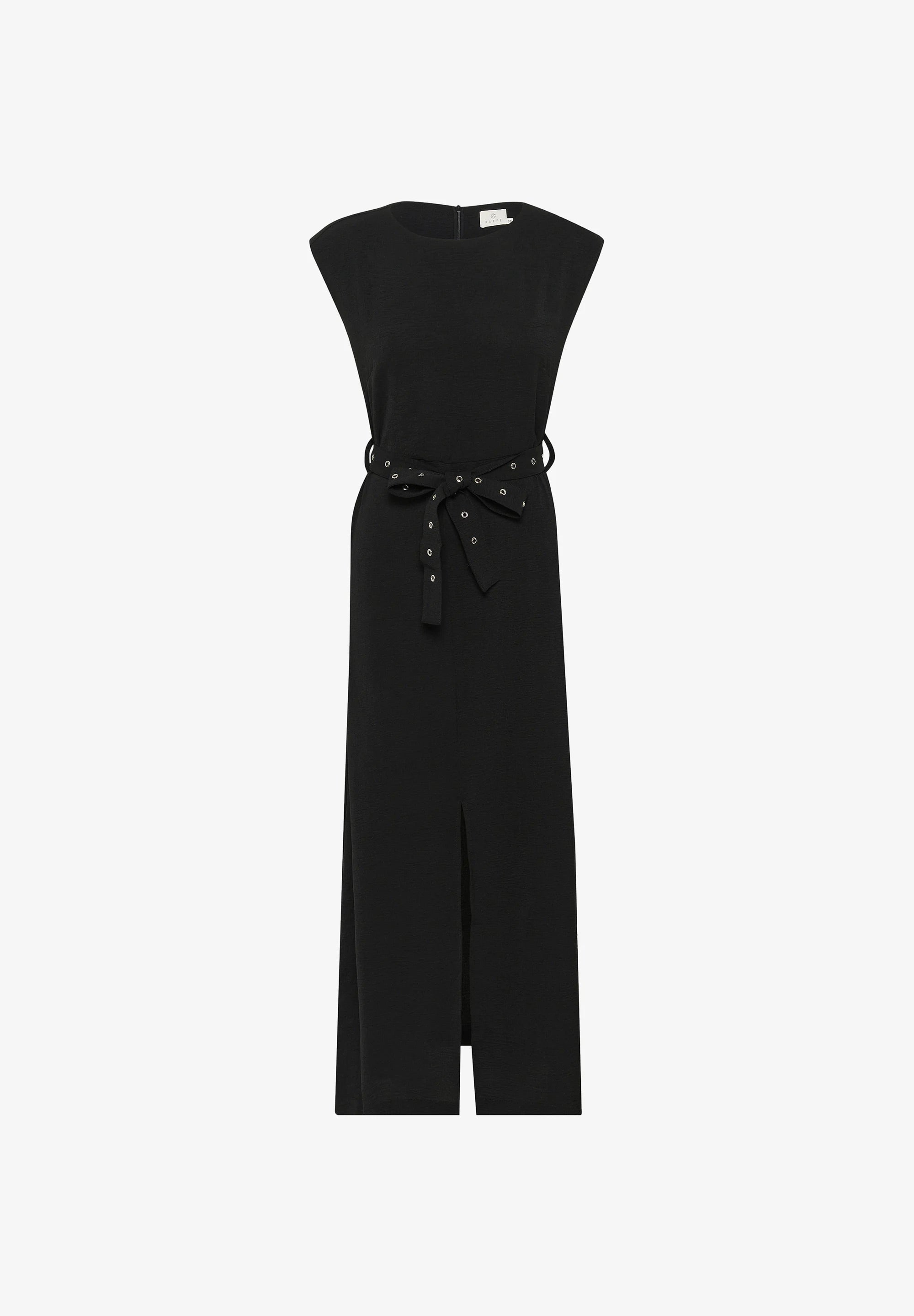 Kaffe Katessa Schwarzes Maxikleid mit Ösengürtel – Strukturierte Schultern, kurze Ärmel, Seitenschlitz | Damen