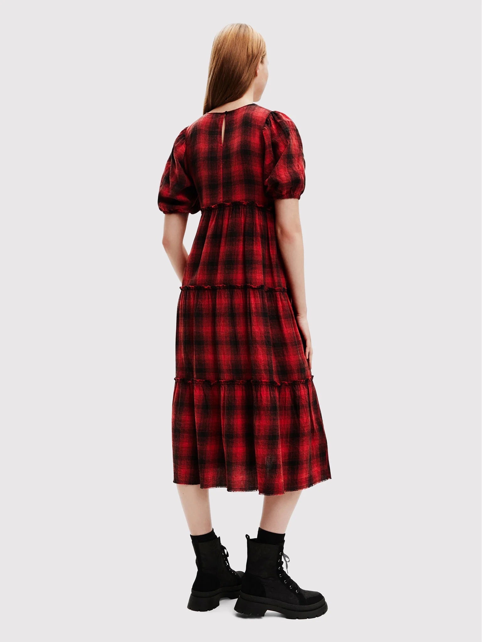 Desigual Midikleid Khan Tartan mit Stufenrock – Rot
