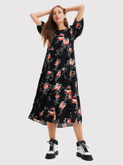 Desigual Florencia Geblümtes Stufen-Midikleid – Schwarz