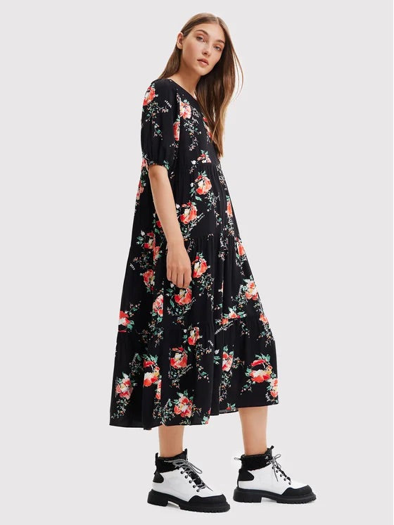 Desigual Florencia Geblümtes Stufen-Midikleid – Schwarz