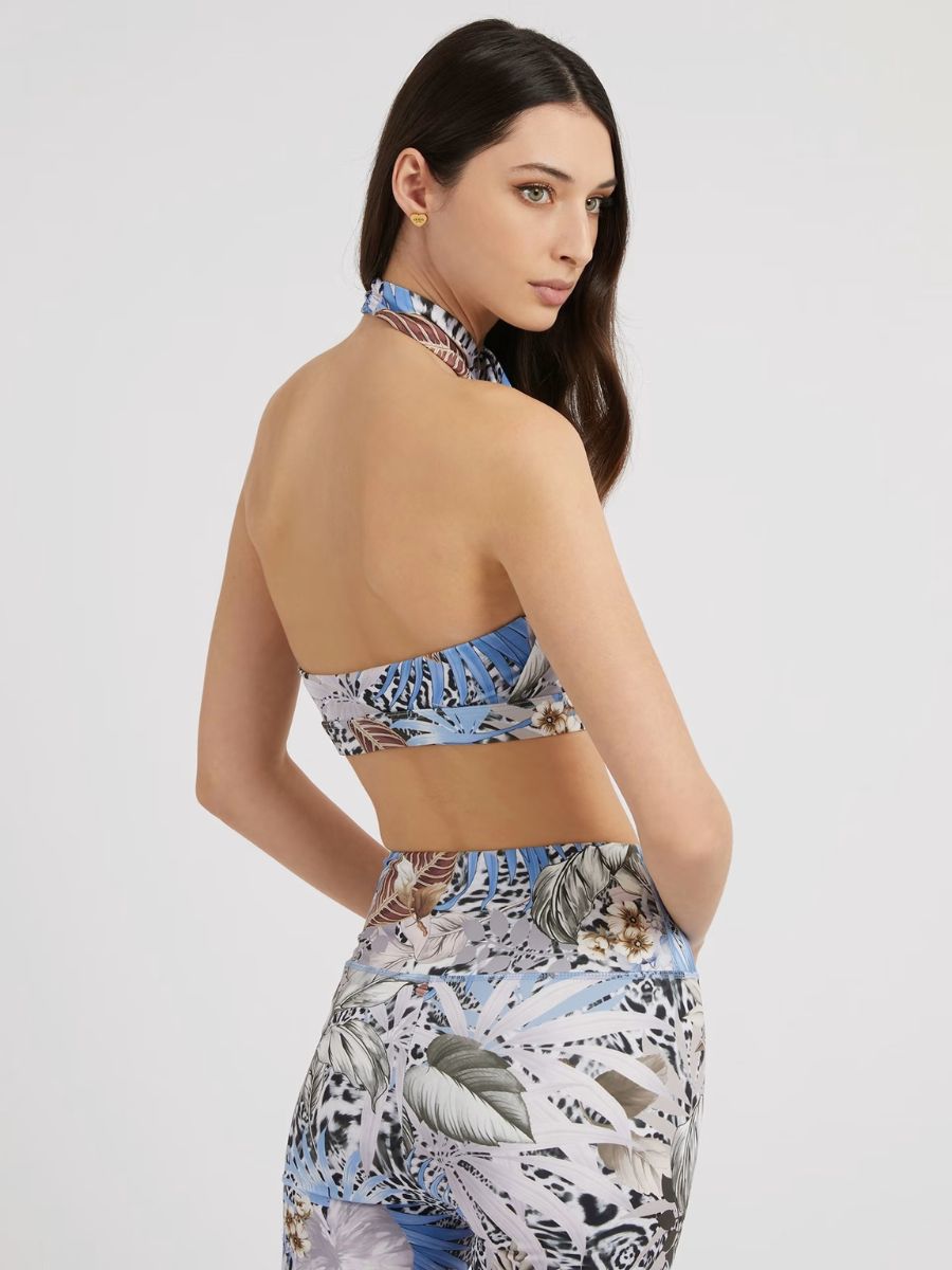 Guess Carlene Active Tropical Print Cross-Neck BH-Oberteil – Blau | Ärmellos