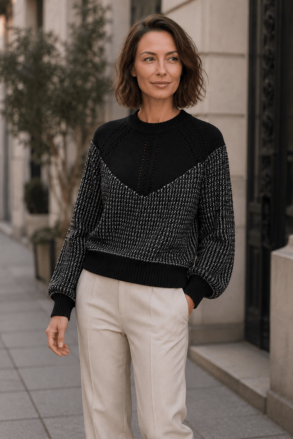 Marciano by Guess Metallic Knit Pullover – Black & Silver styled casually, ideal for women's fashion and designer clothing.