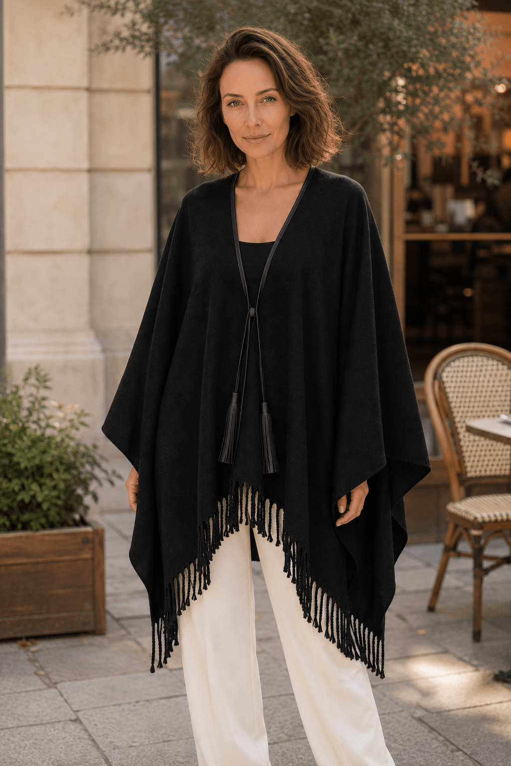 Marciano by Guess Wool Blend Fringed Cape – Schwarz in mit Leder tassel tie und dramatic fringe