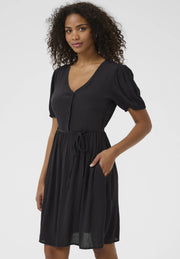 Kaffe KAliana Black Deep Hemdblusenkleid – V-Ausschnitt Puffärmel Bindegürtel Taschen Mini | Damen