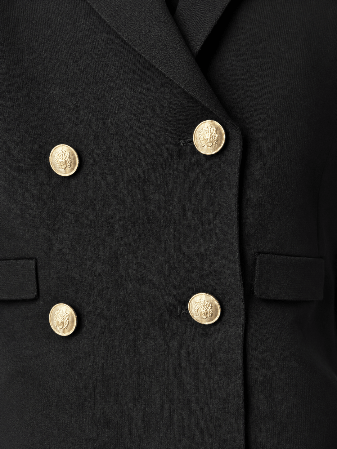 Marciano by Guess Double-Breasted Blazer – Black featuring gold crest buttons, tailored design for women's fashion.