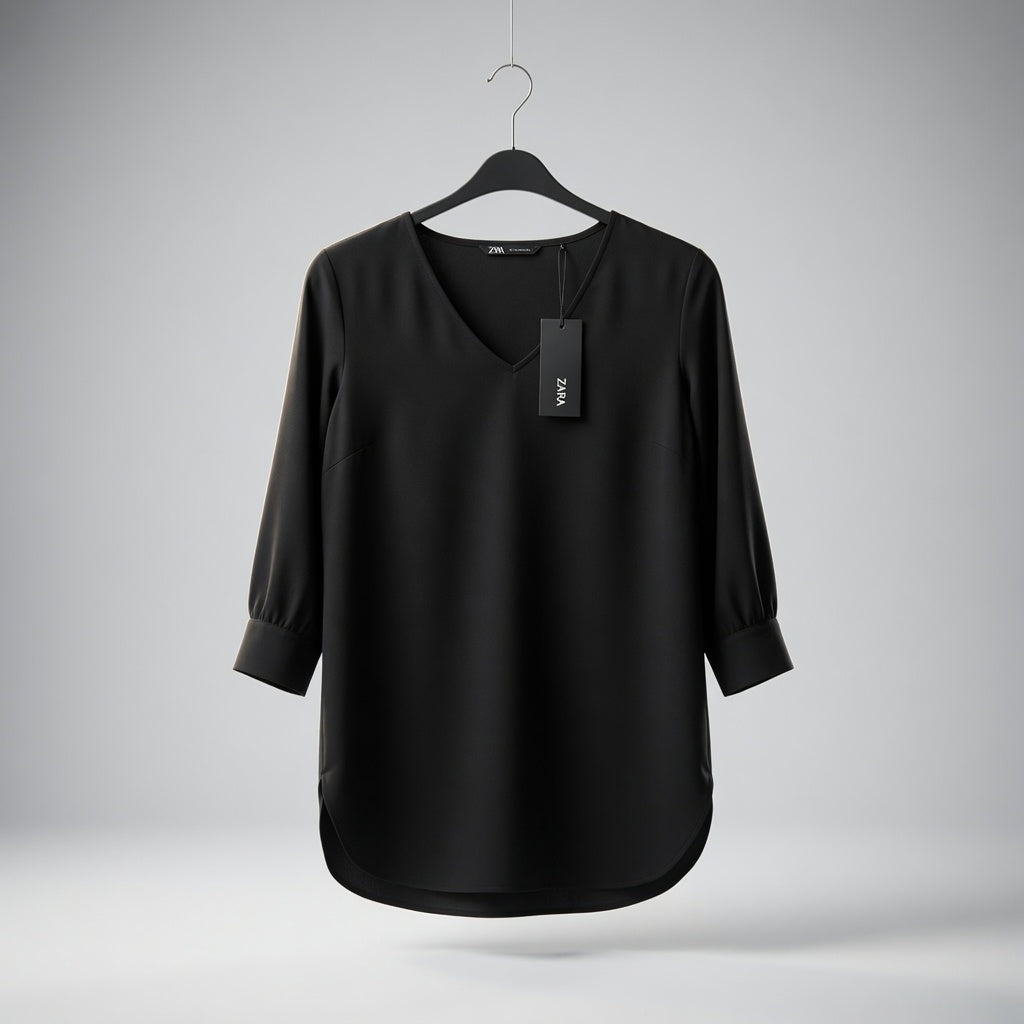 Zero schwarze Crêpe-Bluse mit V-Ausschnitt – 3/4-Arm | Damen