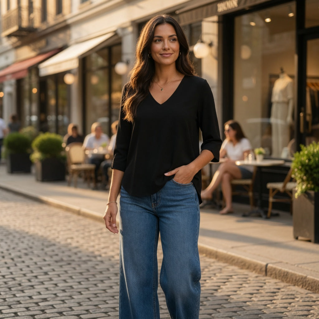 Zero schwarze Crêpe-Bluse mit V-Ausschnitt – 3/4-Arm | Damen