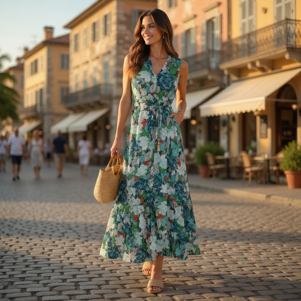 Maxikleid Zero Floral – Grün mit Tropendruck