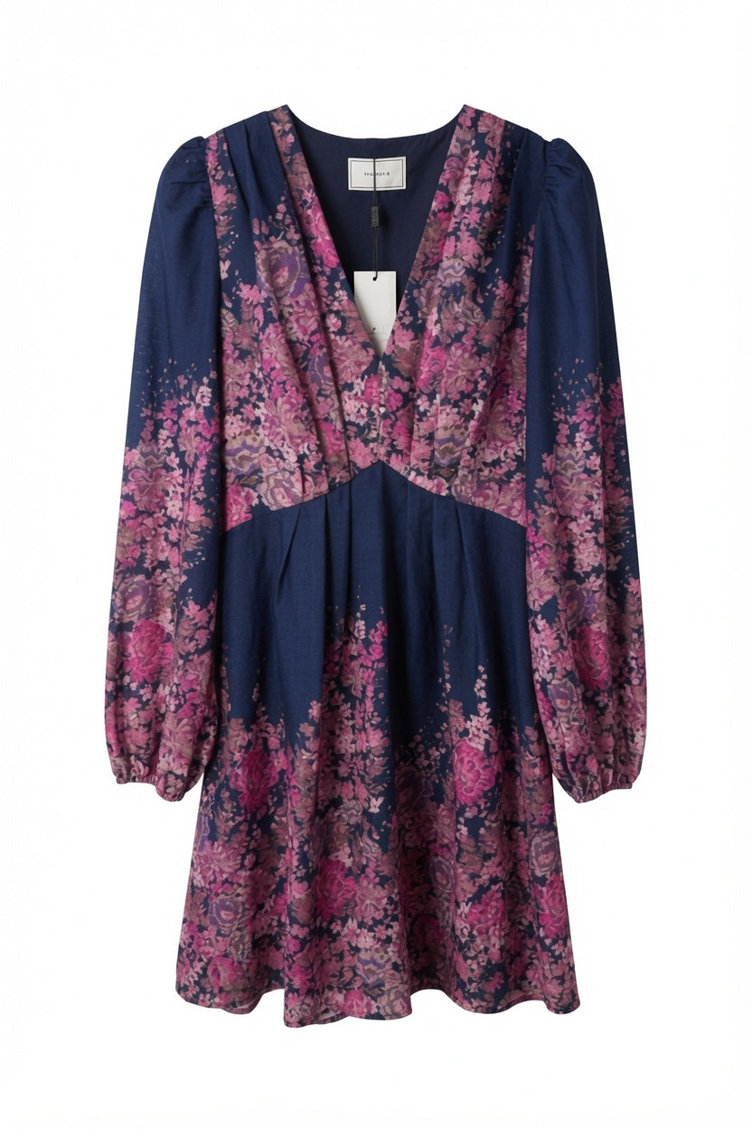 Neo Noir Semila Kleid – Marineblau mit Blumenmuster | Mini-Wickelkleid für Damen