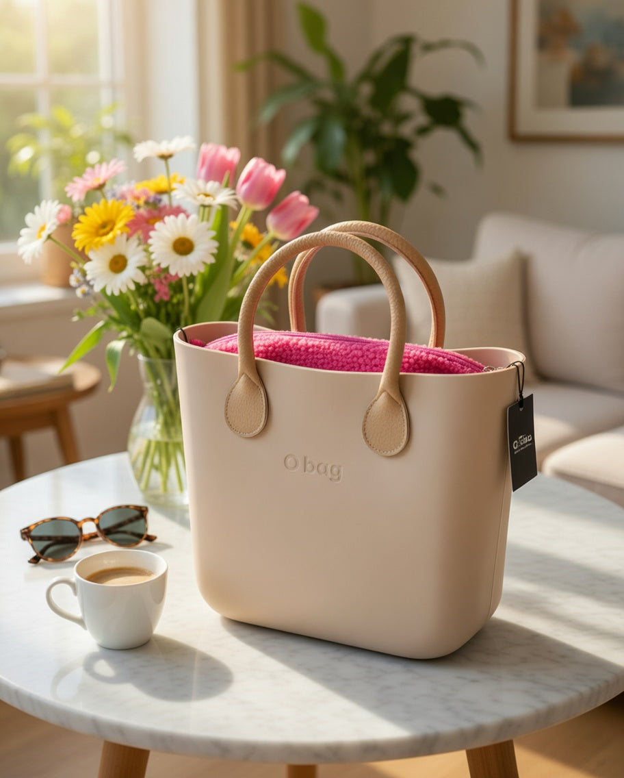 O bag Mini – Cream Tote-Tasche mit Kamel-Henkeln & pinkfarbenem Innenraum
