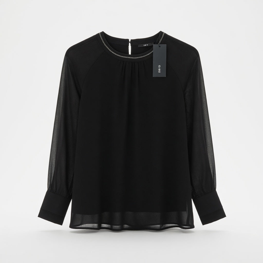 Chiffonbluse Zero mit Kristall-Ausschnitt – Schwarz