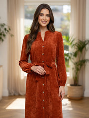 Cordhemdkleid „Sorbet Spicy“ mit Gürtel – Rostbraun