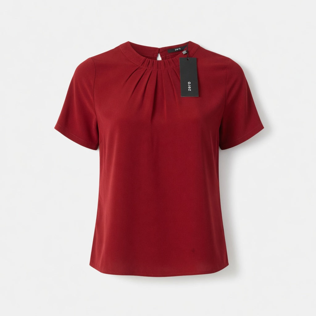 Burgunderfarbene plissierte Rundhalsbluse – Kurzarm | Damen