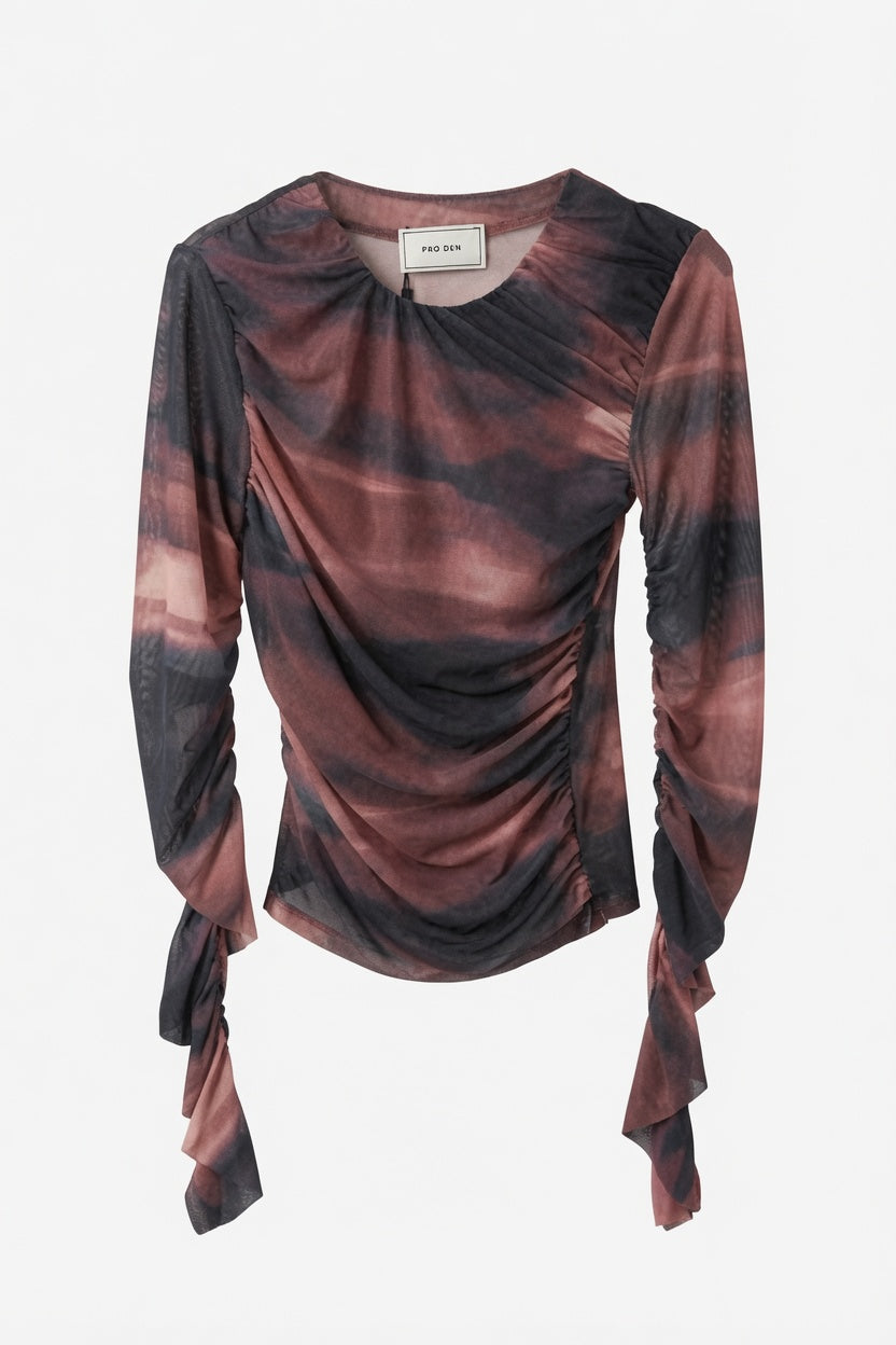 Neo Noir Gerüschte Mesh-Bluse – Brauner abstrakter Print | Damen Drapierte Oberteil