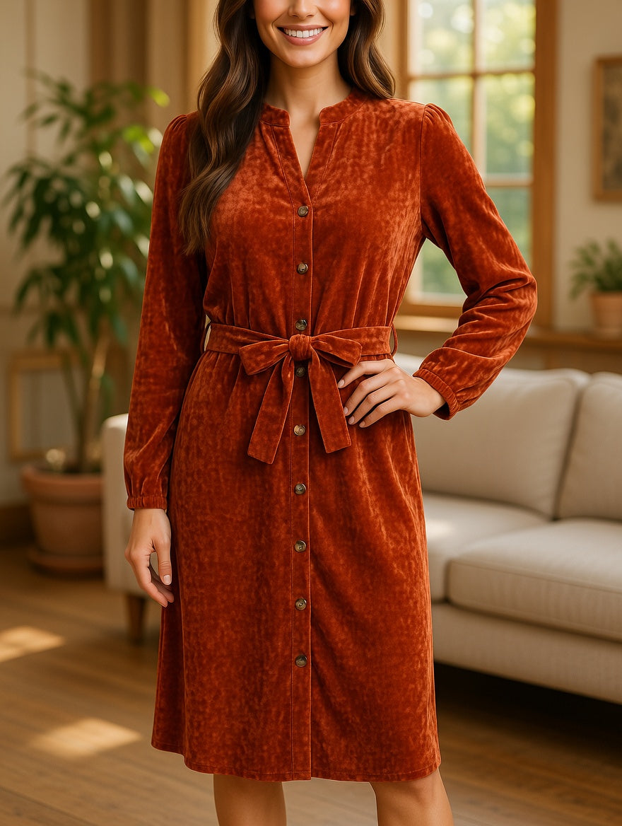 Cordhemdkleid „Sorbet Spicy“ mit Gürtel – Rostbraun