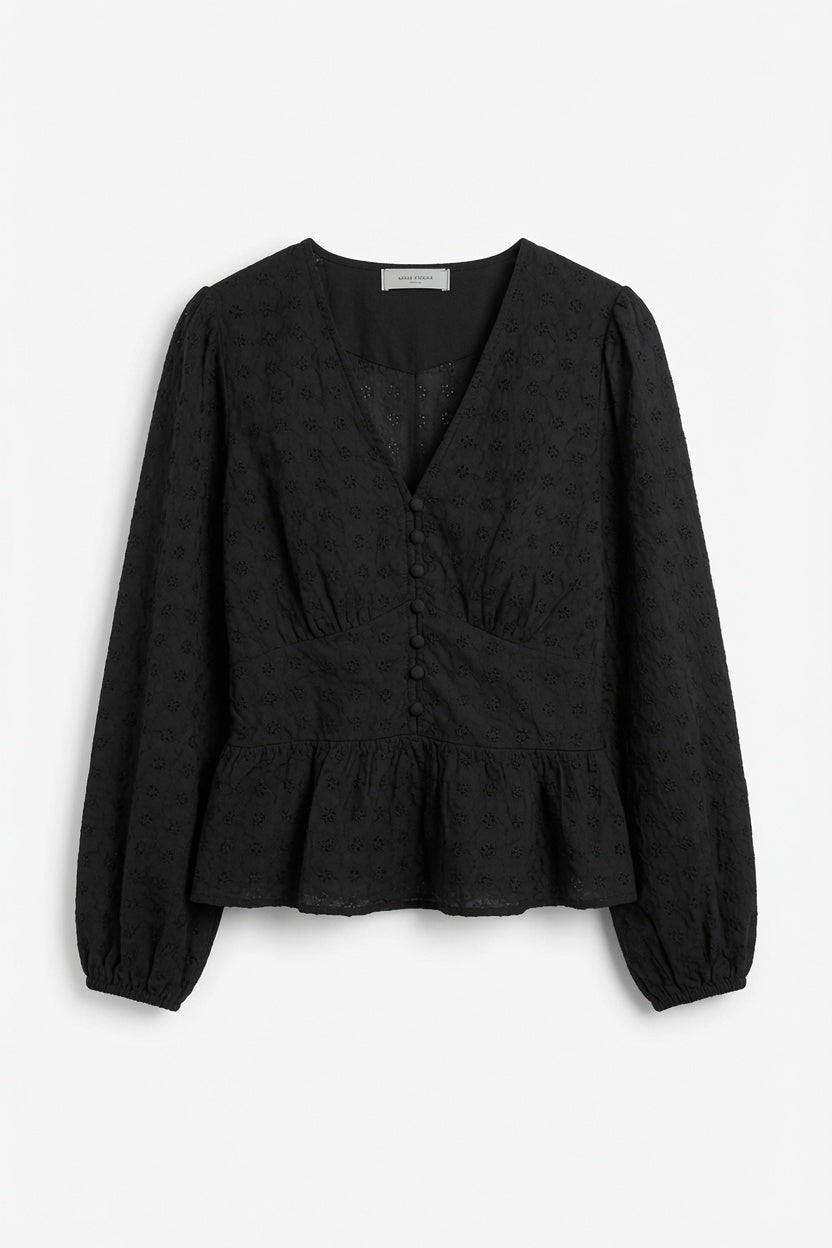 Neo Noir Peplum Bluse – Schwarz | Damen Broderie V-Ausschnitt Top