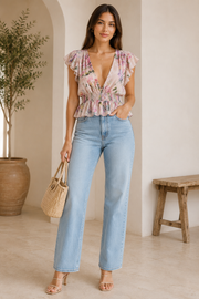 Guess Dawn Pink florales Chiffon-Schößchen-Oberteil – tiefer V-Ausschnitt, Rüschenärmel