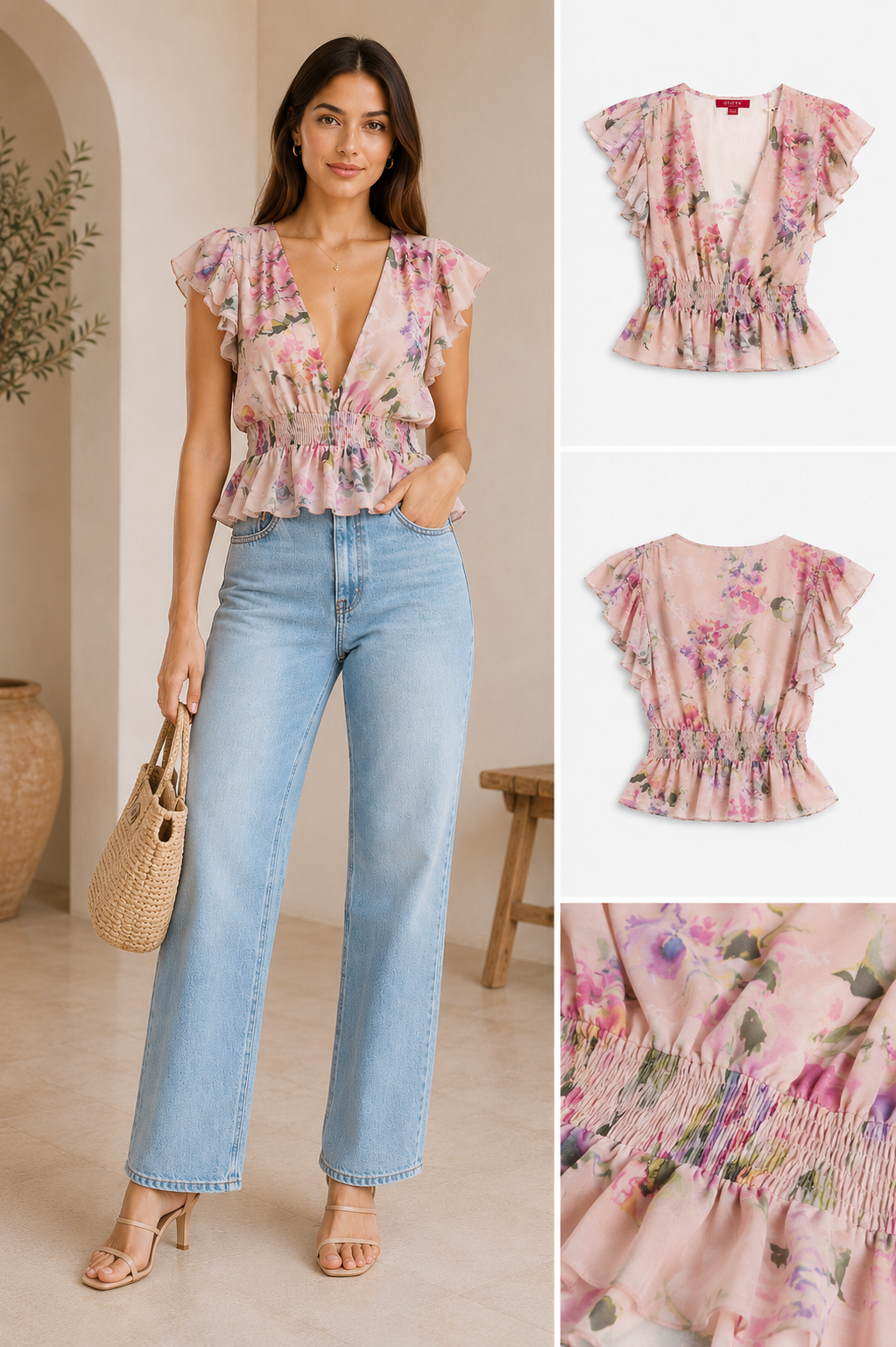 Guess Dawn Pink florales Chiffon-Schößchen-Oberteil – tiefer V-Ausschnitt, Rüschenärmel