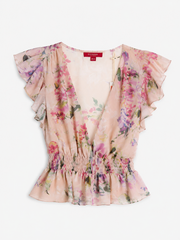 Guess Dawn Pink florales Chiffon-Schößchen-Oberteil – tiefer V-Ausschnitt, Rüschenärmel