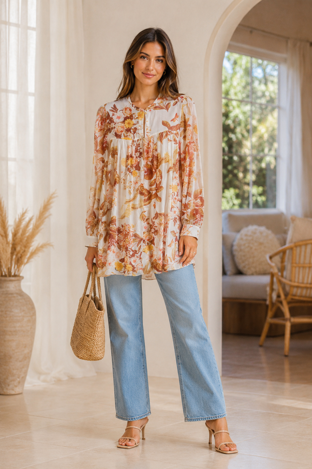 Guess Crèmefarbene florale Chiffonbluse – Bindeband am Ausschnitt mit Quasten Langarm | Damen