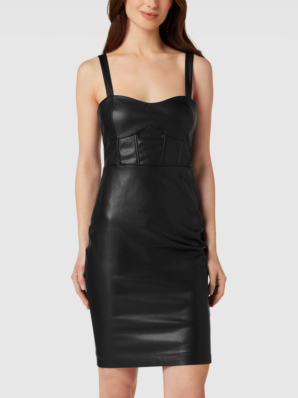 Guess Reid Schwarzes Kunstleder-Bodycon-Minikleid – Sweetheart-Ausschnitt