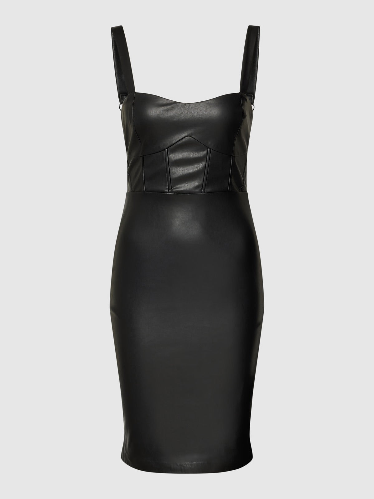 Guess Reid Schwarzes Kunstleder-Bodycon-Minikleid – Sweetheart-Ausschnitt