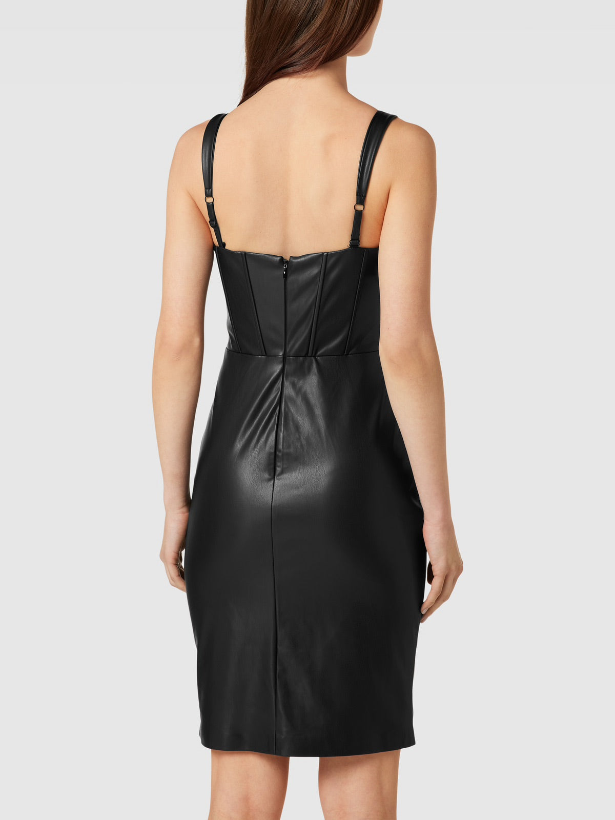 Guess Reid Schwarzes Kunstleder-Bodycon-Minikleid – Sweetheart-Ausschnitt