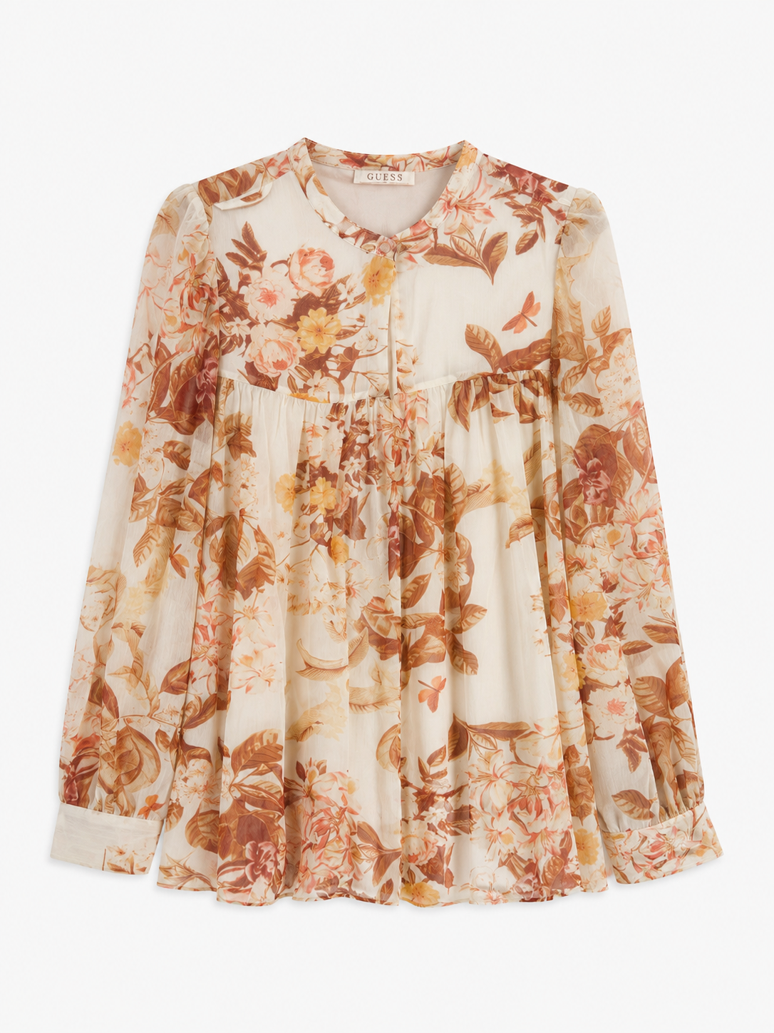 Guess Crèmefarbene florale Chiffonbluse – Bindeband am Ausschnitt mit Quasten Langarm | Damen