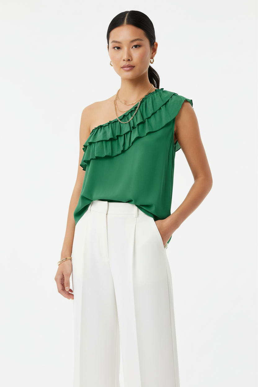 b.young BXHeidy One-Shoulder-Rüschenbluse – Smaragdgrün
