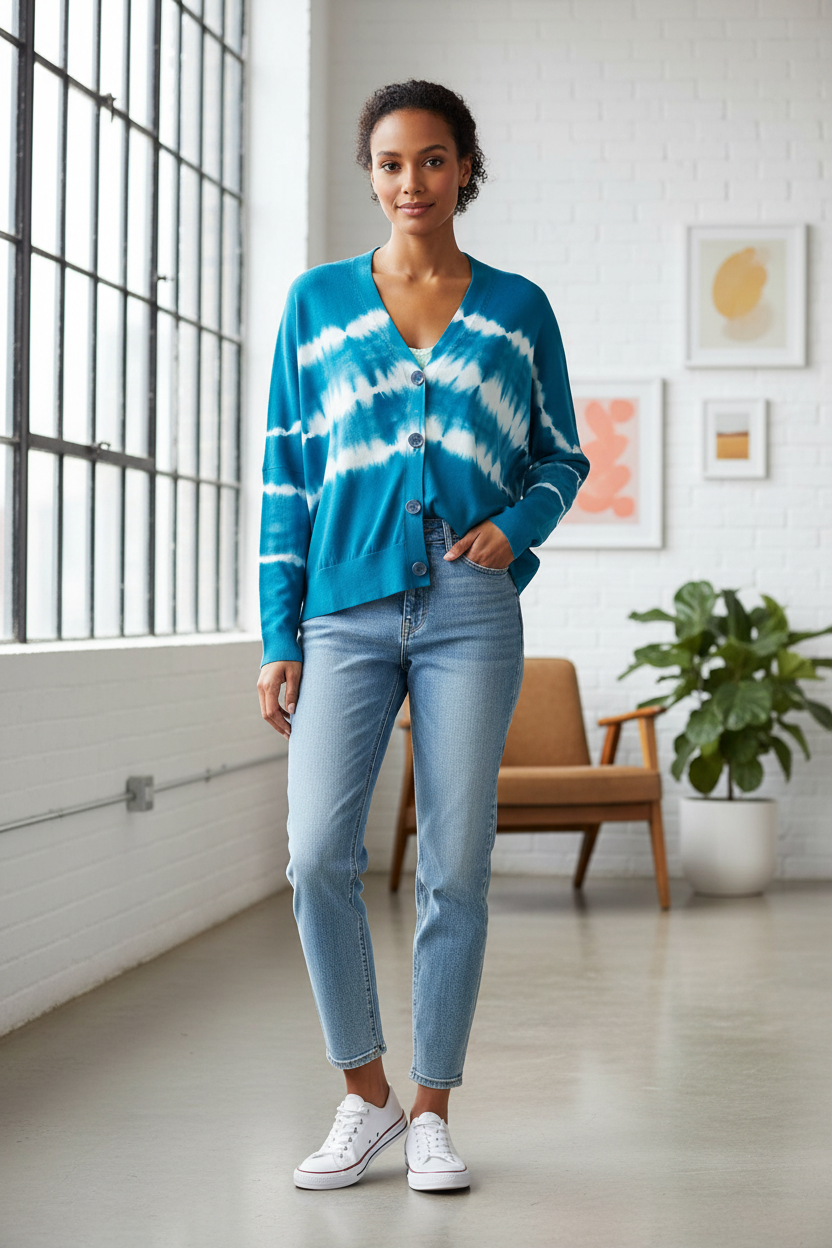 Lifestyle shot of turquoise tie-dye cardigan indoors