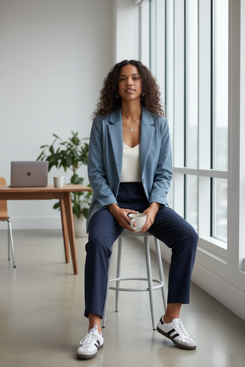 Lifestyle shot of ICHI Blue Mirage blazer in modern interior