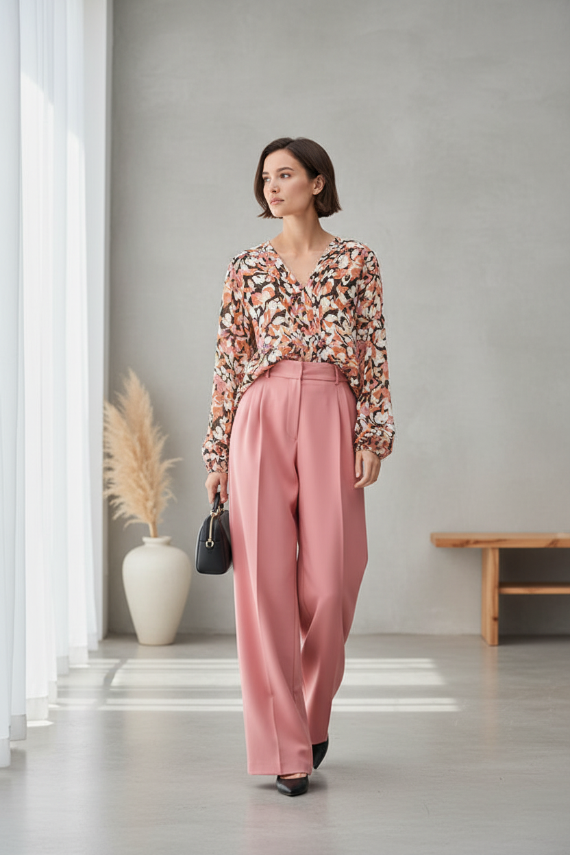 Lifestyle shot - woman wearing s.Oliver floral blouse with pink trousers