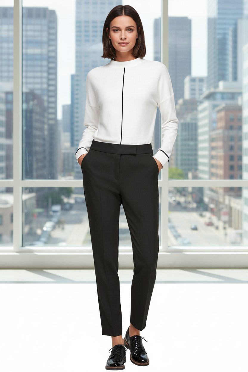 Woman wearing s.Oliver black tailored trousers in professional setting