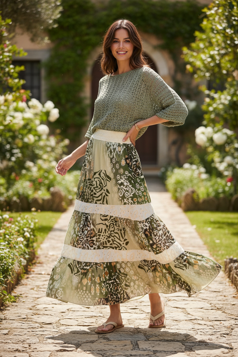 Sorbet Alona Stufen-Maxirock mit Animal-Print – Creme & Salbei