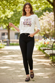 Woman wearing s.Oliver inspirational quote t-shirt outdoors