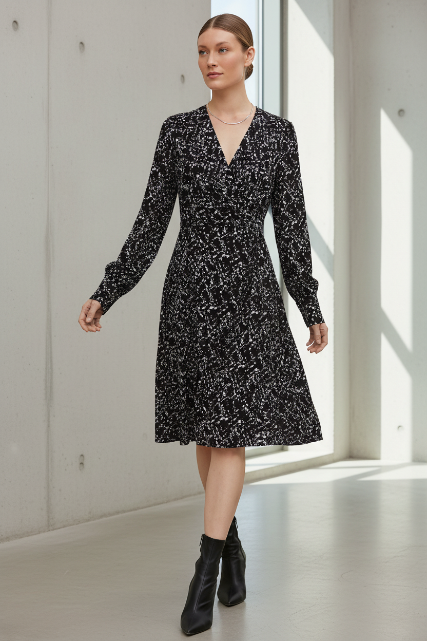 Comma Bedrucktes V-Ausschnitt-Kleid mit Farbspritzern - Schwarz