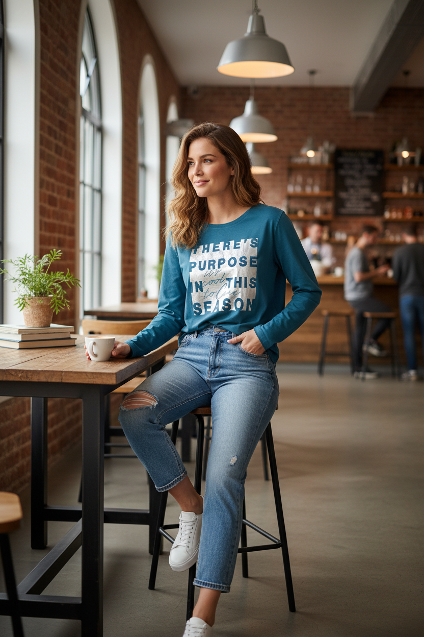 Lifestyle shot of s.Oliver teal graphic t-shirt indoors