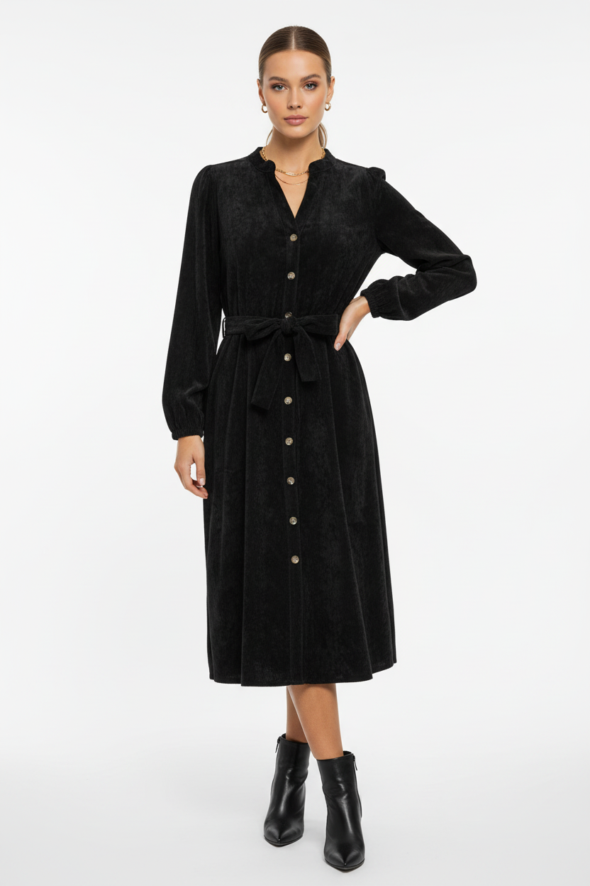Sorbetfarbenes Cordhemdkleid mit Gürtel – Schwarz
