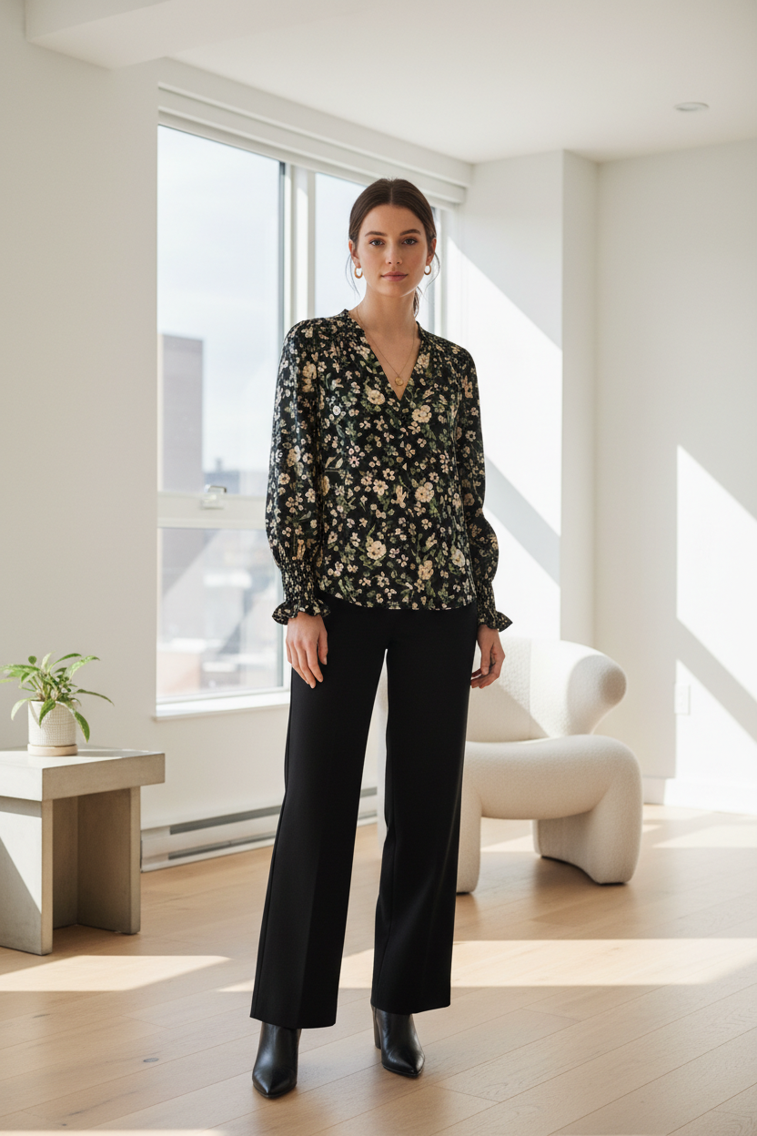 Lifestyle shot - woman in s.Oliver floral blouse in modern apartment