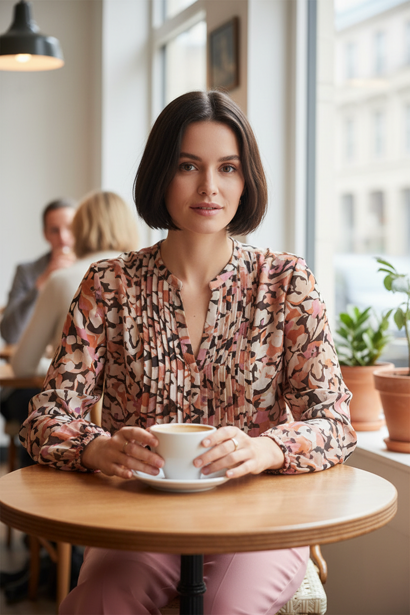 Lifestyle close-up - woman in s.Oliver floral blouse at cafe