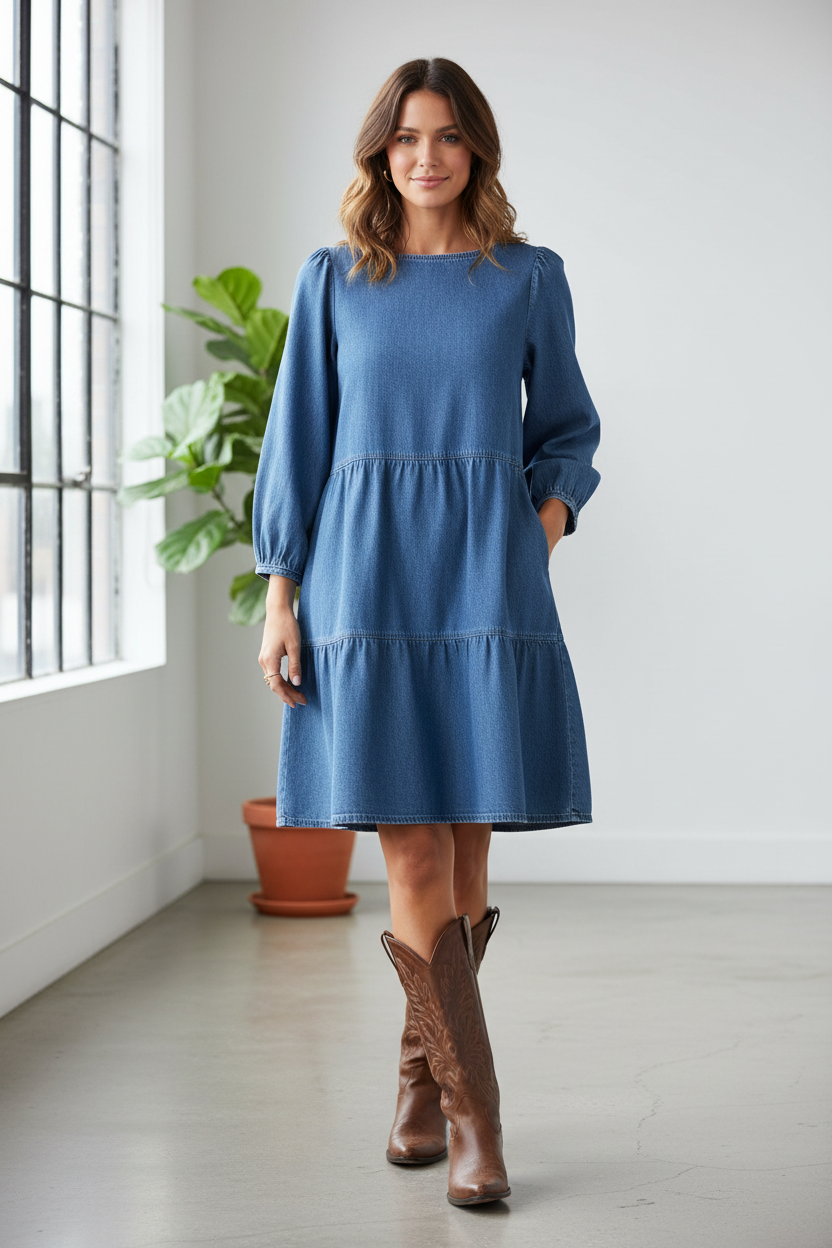 b.young Bykairon Chambray Denim A-Linien-Kleid - Mittelblau