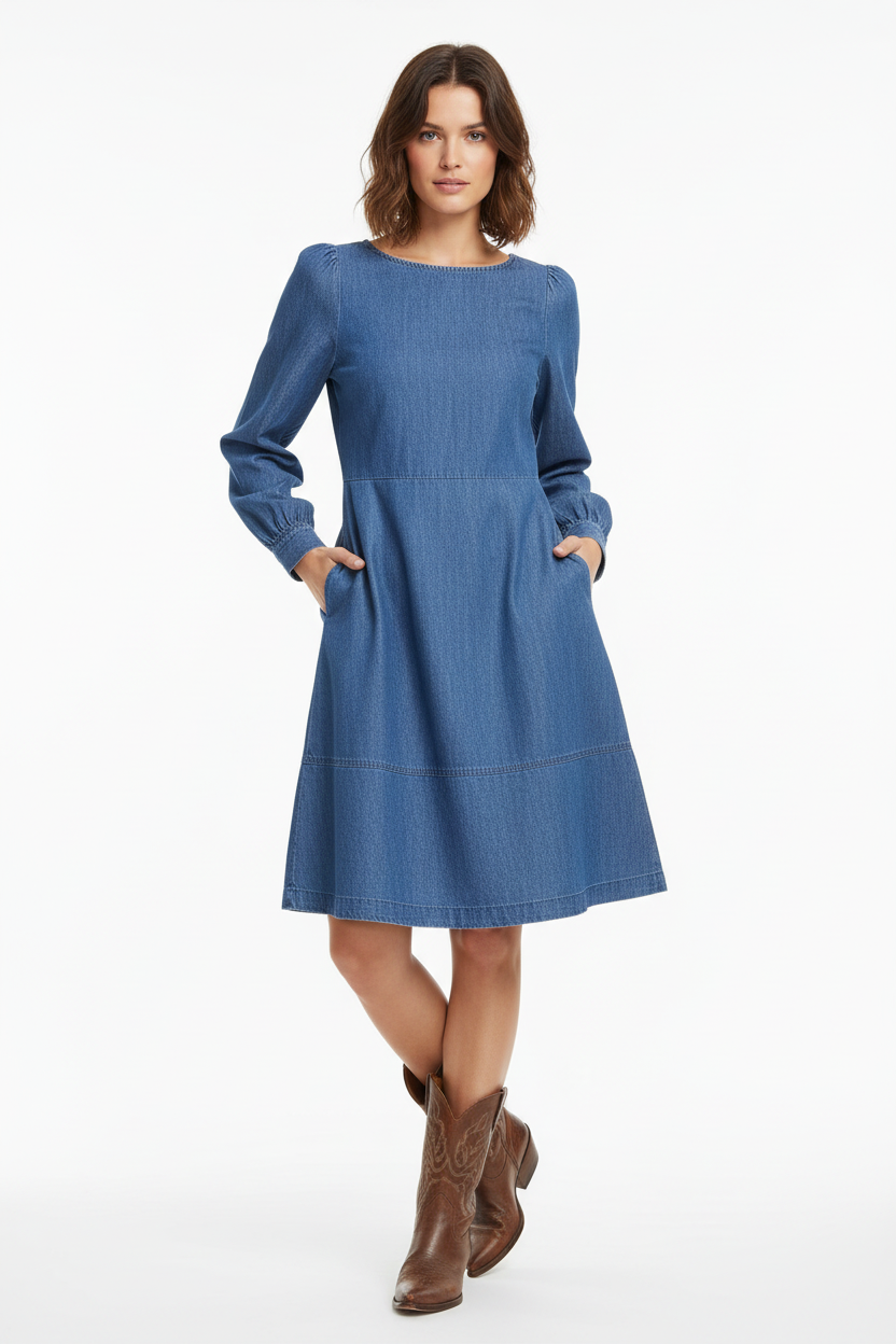 b.young Bykairon Chambray Denim A-Linien-Kleid - Mittelblau