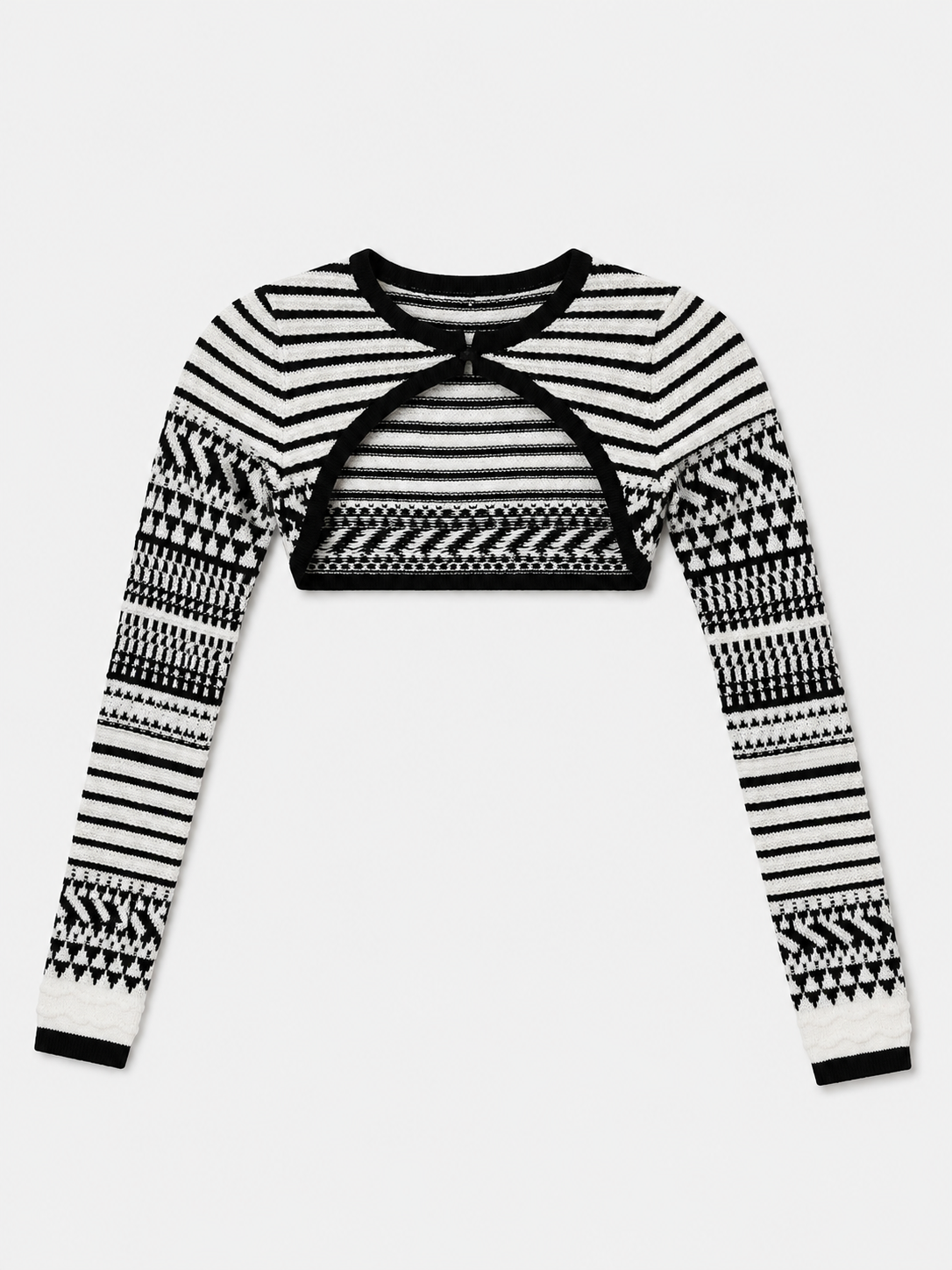 Marciano by Guess Arianna Black & White Jacquard Crop Top – Cutout Longsleeve